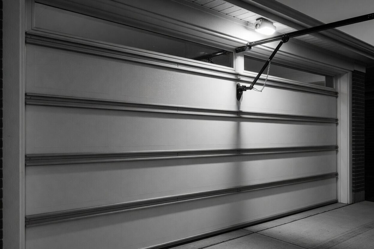 A technician working on a residential garage door.
