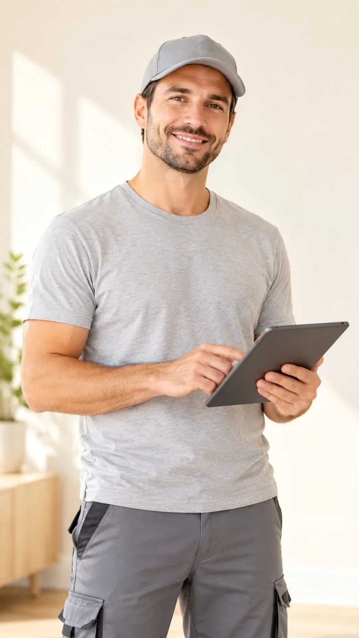 Service technician holding a tablet in a bright room.