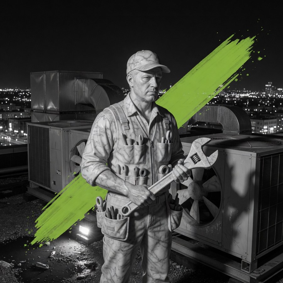 Service technician taking a call, crossed by an acid-green brush stroke.