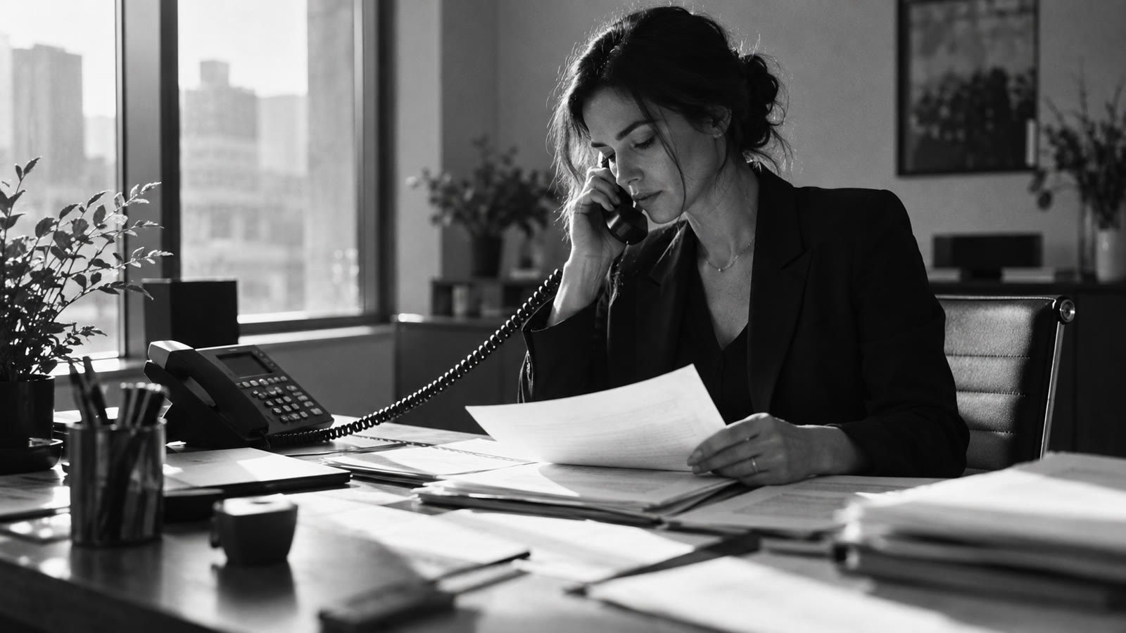 A recruiter on a phone call reviewing a candidate shortlist.